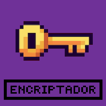 Chave amarela, fundo roxo e escrita 'encriptador', ambos em pixel art