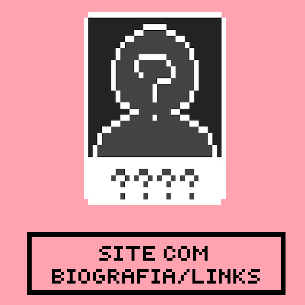 Foto polaroid com descrição 'site com biografia/links' embaixo, ambos em pixel art